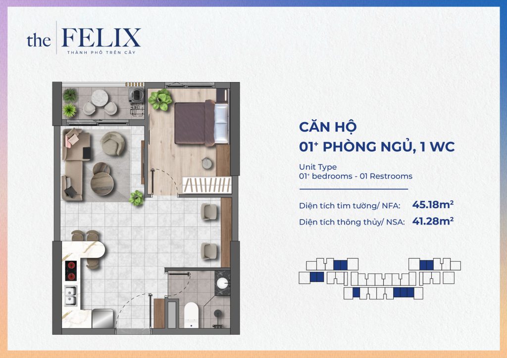 Mặt bằng căn hộ 1PN+ 1WC – 45,18 m² tim tường