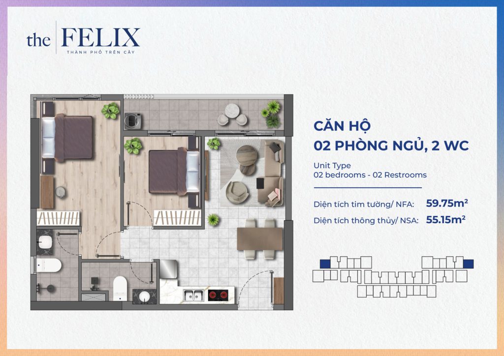 Mặt bằng căn hộ 2PN 2WC – 59,75 m² tim tường