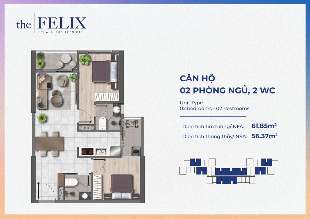 Mặt bằng căn hộ 2PN 2WC – 61,85 m² tim tường