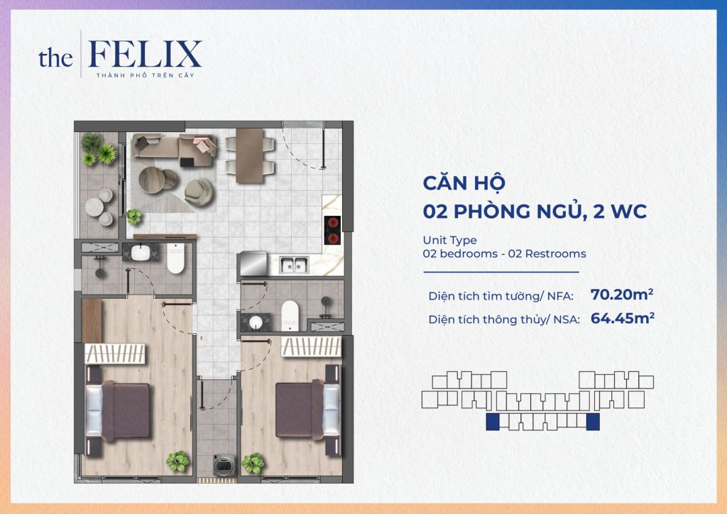 Mặt bằng căn hộ 2PN 2WC – 70,20 m² tim tường
