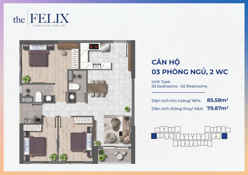 Mặt bằng căn hộ 3PN 2WC – 85,58 m² tim tường (79,87 m² thông thủy)