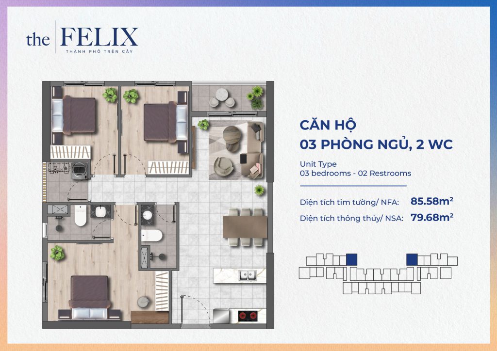 Mặt bằng căn hộ 3PN 2WC – 85,58 m² tim tường (79,68 m² thông thủy)